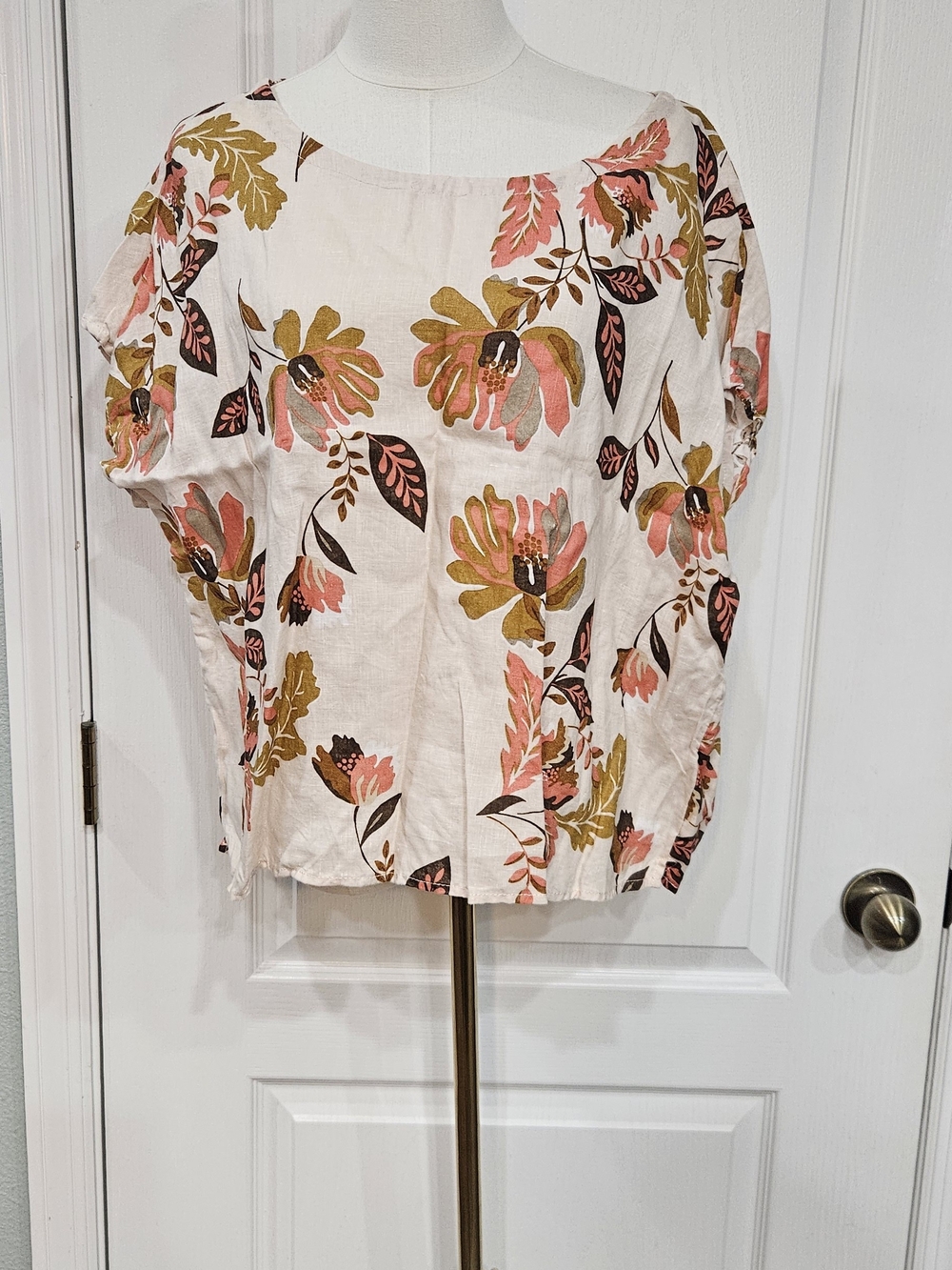 Rachel Zoe Floral Scoop-Neck Top in Pink and Olive on Cream